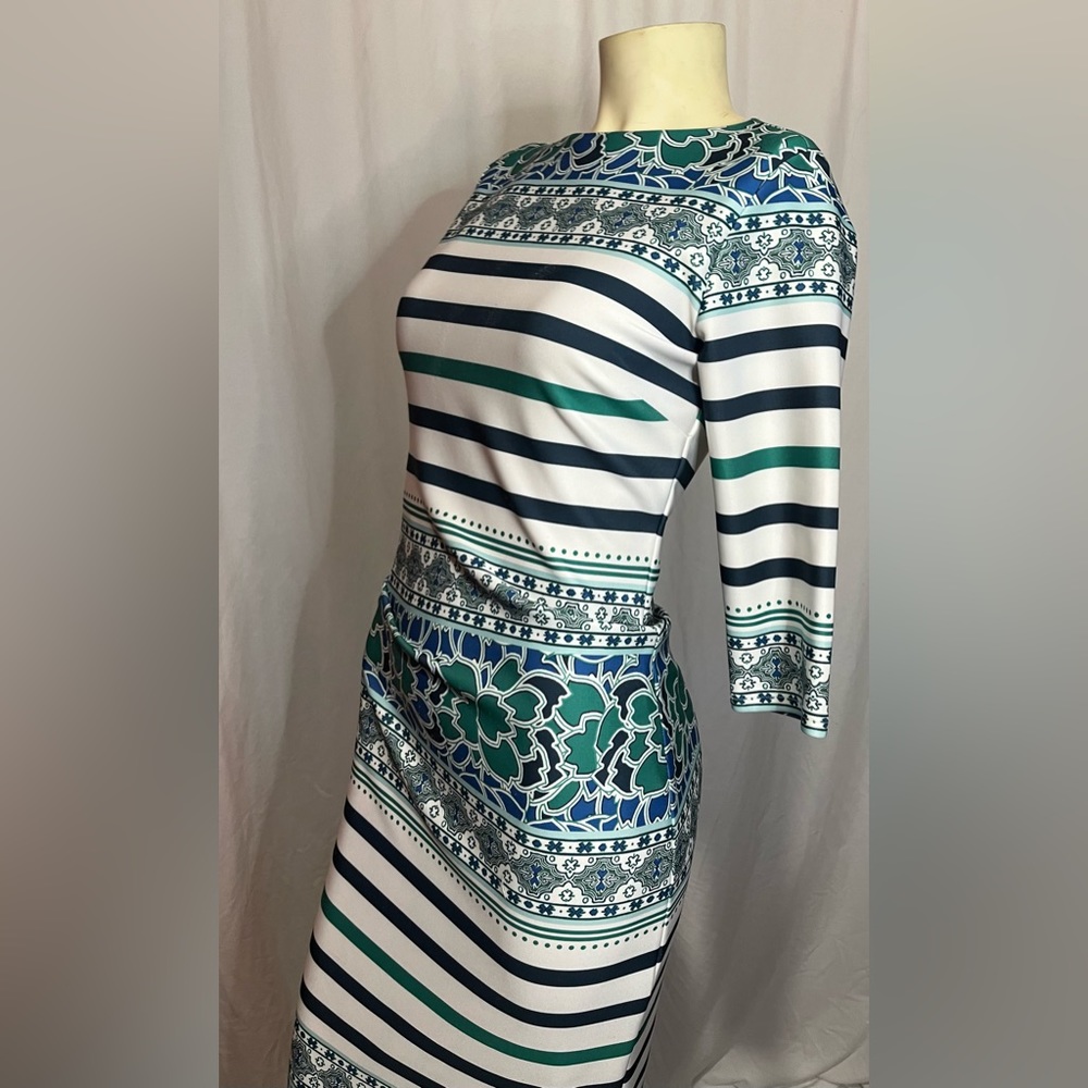 Eve Mendez Dress 3/4 length XS white w teal pattern